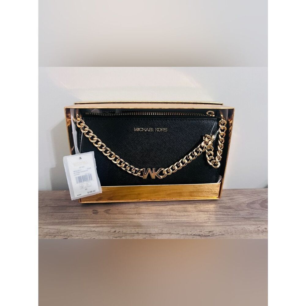 New Michael Kors Jet Set Sm MK Chain Pouchette Leather Black W/ Gold MSRP $198